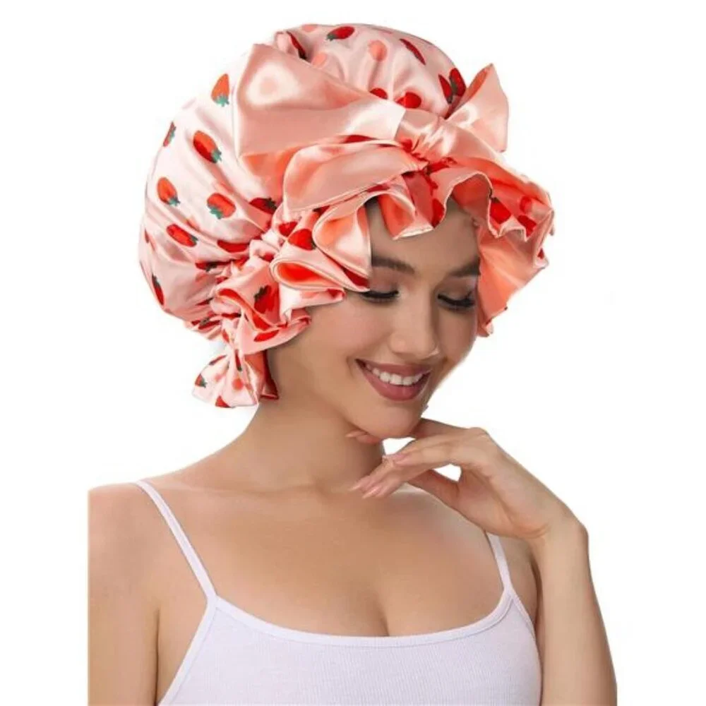 Strawberry Satin Sleep Bonnet – Adjustable Ruffle Cap with Oversized Bow